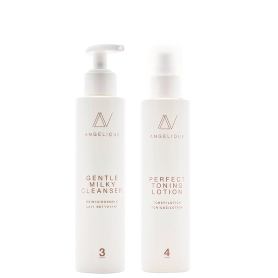 Two skincare bottles labeled 'Gentle Milk Cleanser' and 'Perfect Toning Lotion' on a white background.