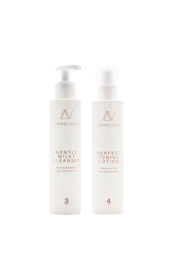 Two skincare bottles labeled 'Gentle Milk Cleanser' and 'Perfect Toning Lotion' on a white background.