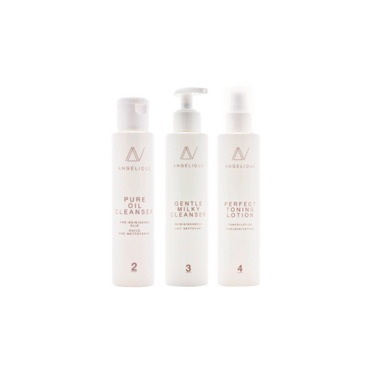 Three skincare bottles labeled 'Pure Oil Cleanser', 'Gentle Oil Cleanser', and 'Perfect Lotion' on a white background.